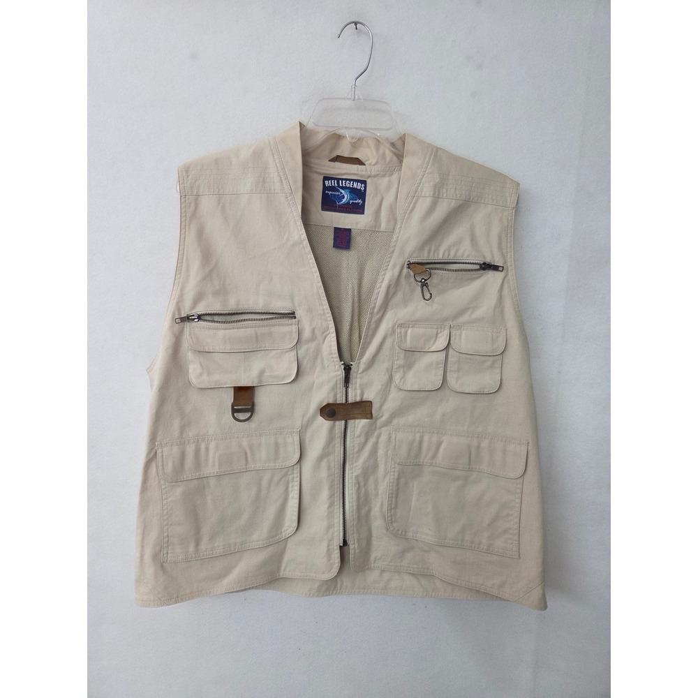 Reel Legends Fishing Vest Mens XL Beige Multi-Pocket Mesh Lined Utility Gorpcore